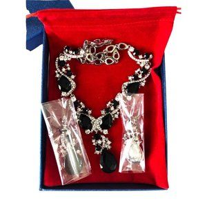 BriLove Bridal Black White Crystal Teardrop Statement Necklace Earrings Set Nib